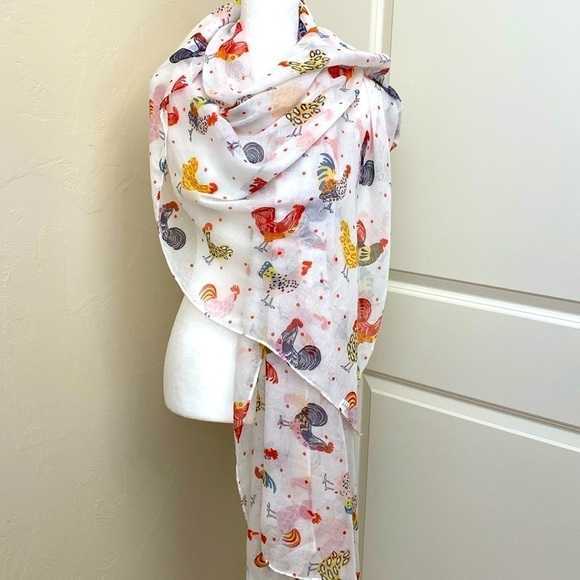 No Bramd Accessories - Rooster Hens Scarf Womens Novelty Print Birds Garden Red/White/Gold Sheer 72’